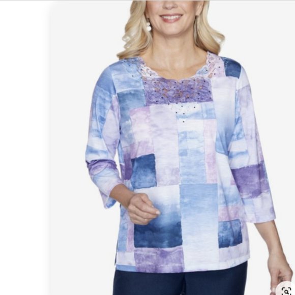 Alfred Dunner Plus Size Wisteria Lane 3/4 Sleeve Watercolor Boxes Top 3X - Picture 1 of 7